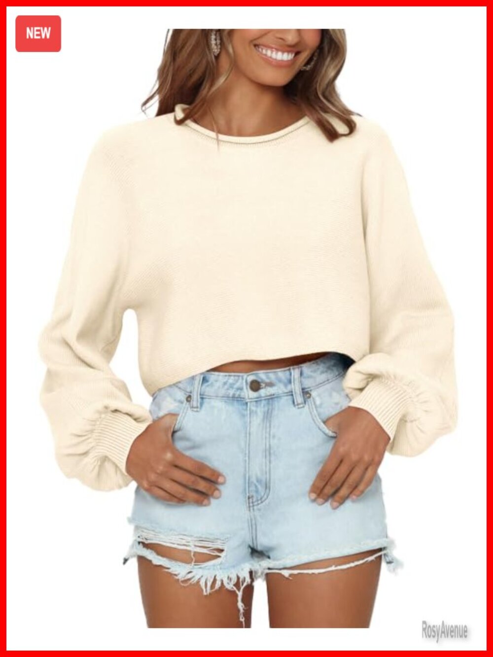 Cropped Sweater Lantern Sleeve Loose Crewneck Pullover Y2K Style